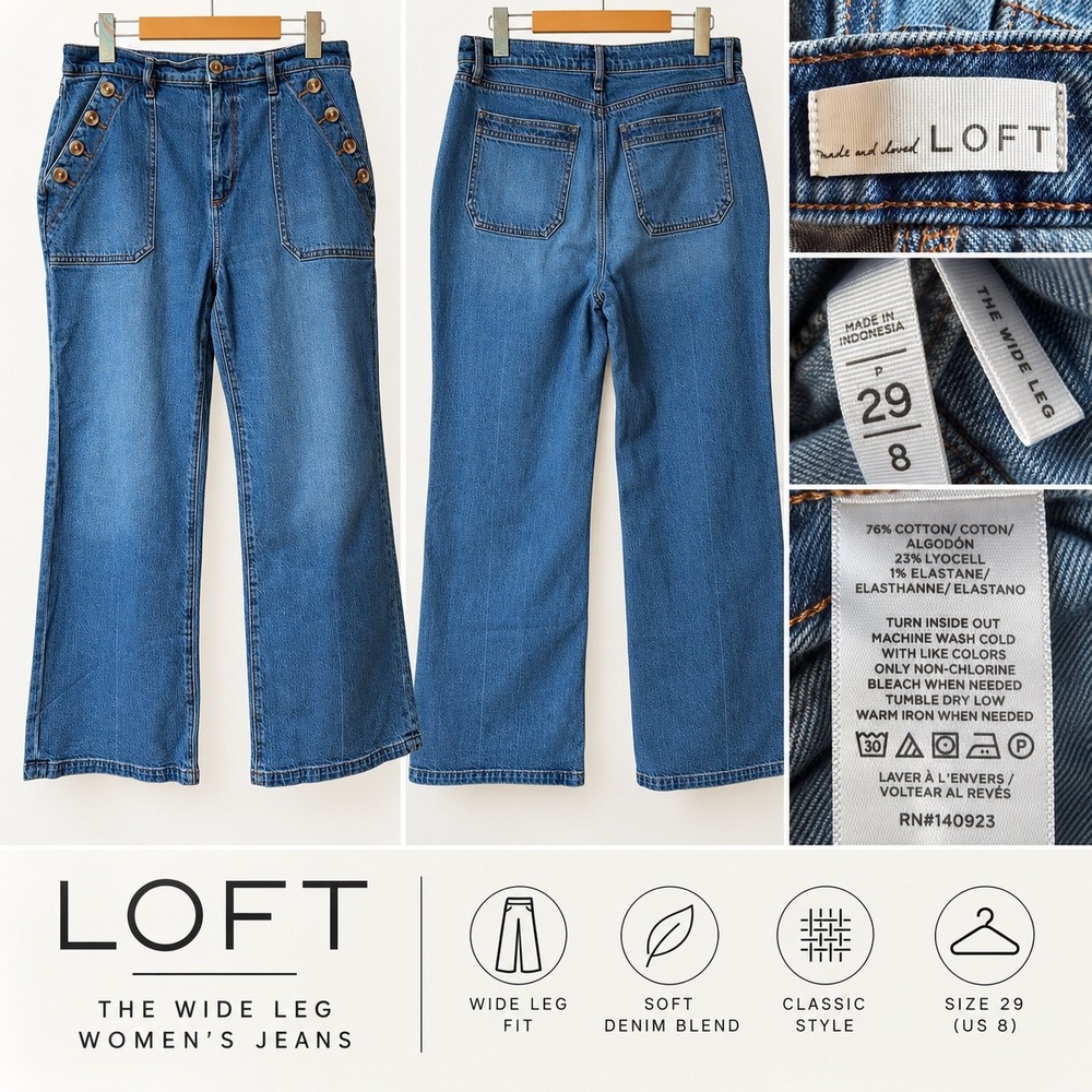 LOFT The Wide Leg Jeans Blue Button Front Sailor Patch Pocket Petite 29/8